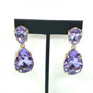 Earrings Double Drop Chunky Purple Glass Gold AU31
